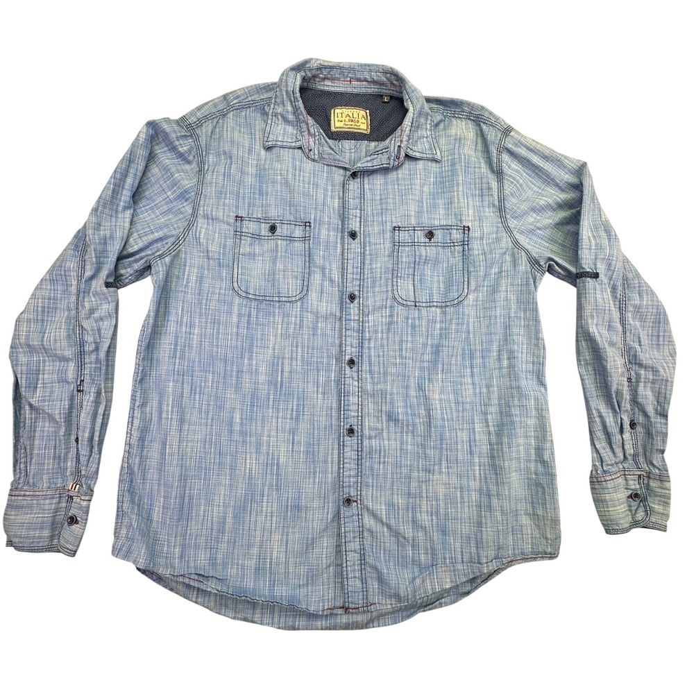 Vintage Italie Shirt Mens Large Button Down‎ Long Sleeve Blue White Chambray